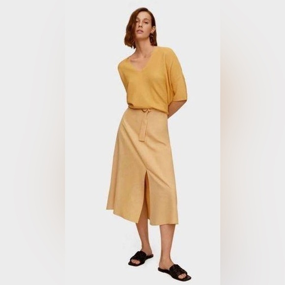 Mango Belted Front Slit Midi Skirt, beautiful yellow color US size XS - Picture 1 of 10